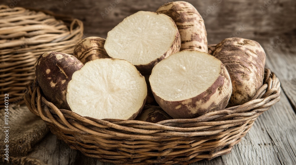 Freshly sliced yams arranged beautifully in a woven basket on a rustic wooden table creating a warm and inviting atmosphere Freshly sliced yams arranged beautifully in a woven basket on a rustic wooden table creating a warm and inviting atmosphere