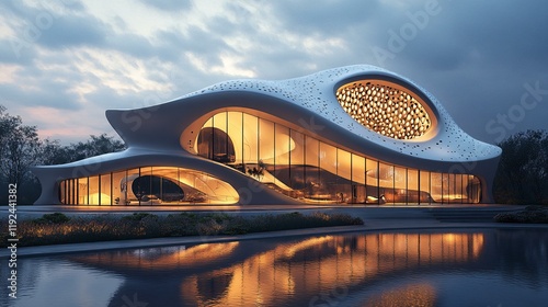 A realistic 3D scene of a futuristic organic concert hall with a wave-like roof, innovative use of materials, and an acoustically optimized interior. photo