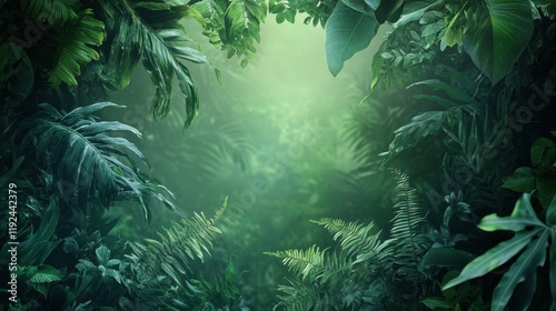 Fototapeta Naklejka Na Ścianę i Meble -  Lush Green Tropical Jungle Foliage Background with Soft Light