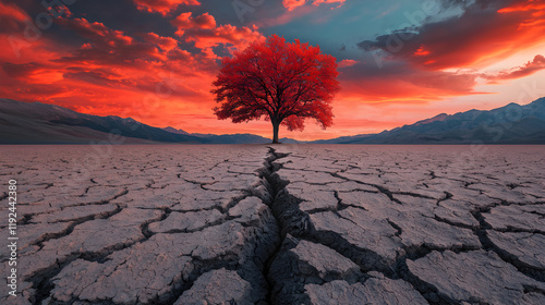 Solitary Red Tree Against Stunning Sky and Cracked Earth Landscape