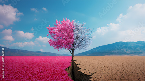 Contrast of Life and Death in a Surreal Landscape with Two Trees