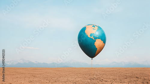 Colorful Hot Air Balloon with Earth Map Over Arid Landscape