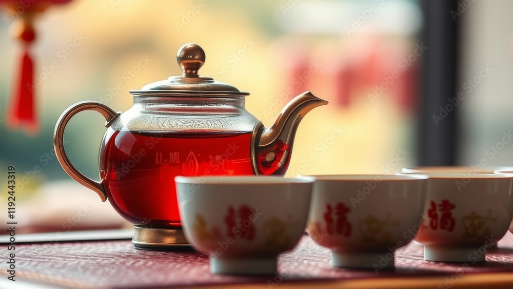 Teapot and cups with red tea against a warm background Teapot and cups with red tea against a warm background