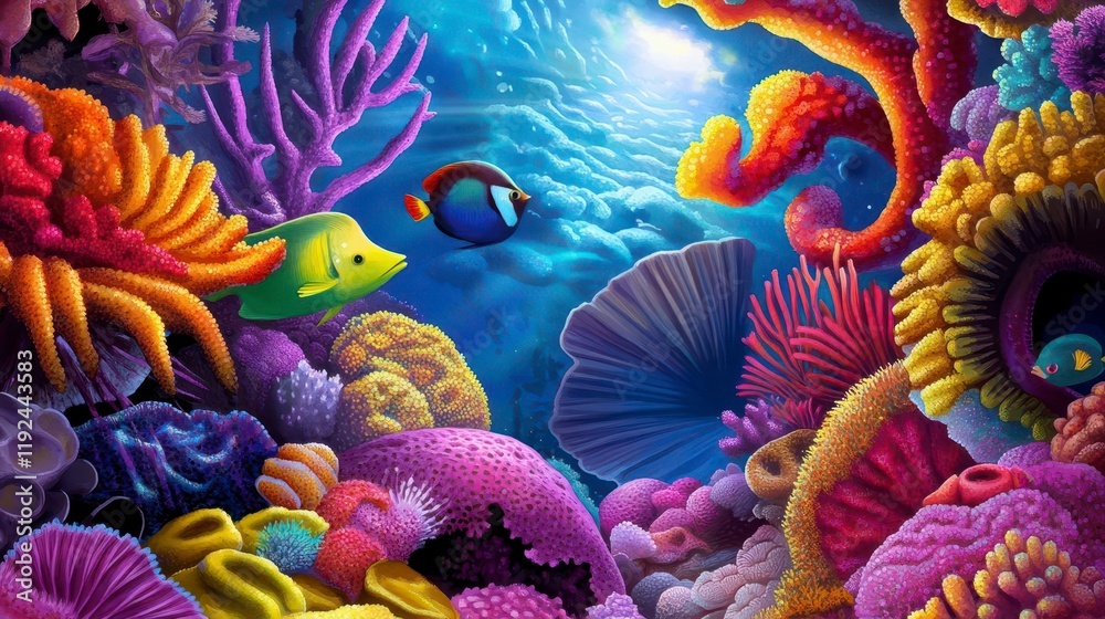 Obraz premium Vibrant Underwater Coral Reef Scene with Colorful Marine Life