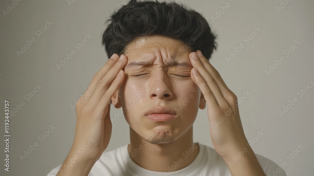 Stressed young man with eyes closed and hands on his forehead experiencing headache Stressed young man with eyes closed and hands on his forehead experiencing headache