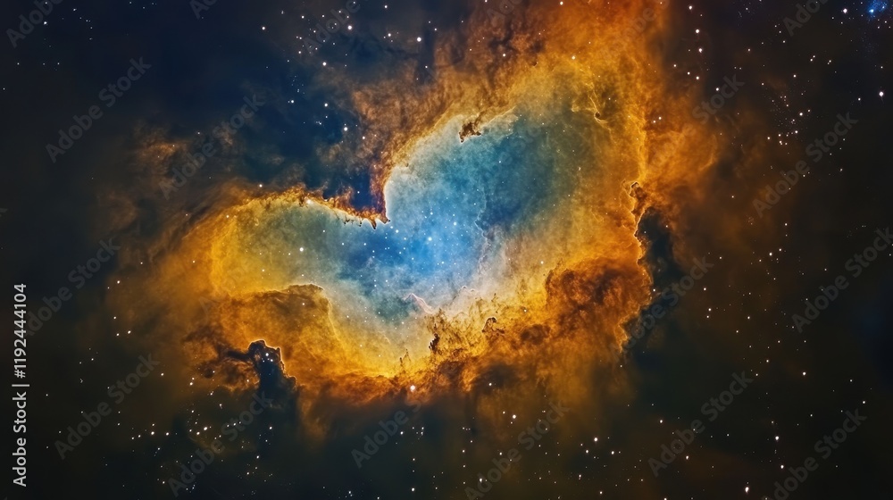Obraz premium Majestic Nebula in Deep Space with Golden and Blue Hues, Stellar Formation