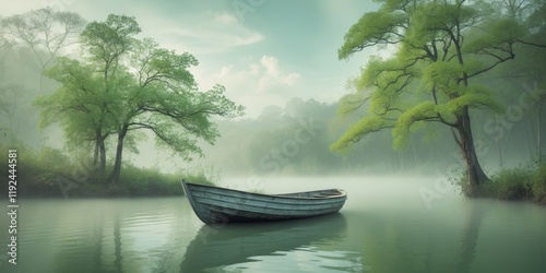 Serene Wooden Boat on Misty Green Lake - Peaceful Nature Escape photo