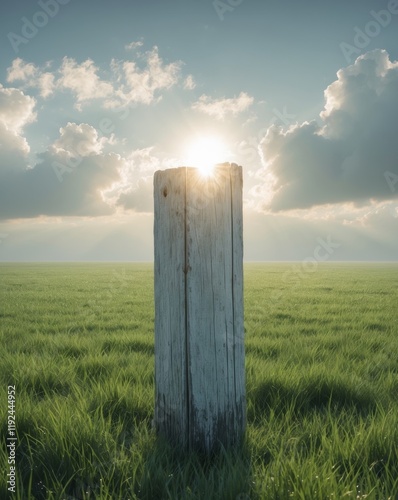 A wooden post in the middle of a field with the sun shining through the clouds photo