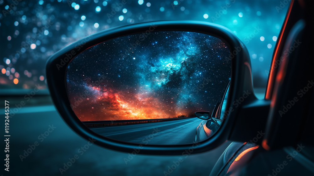 車のサイドミラーに映る星々と宇宙の風景 車のサイドミラーに映る星々と宇宙の風景
