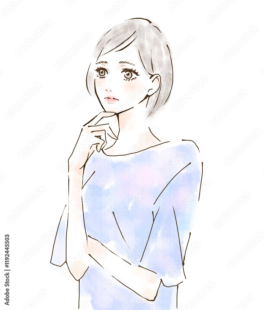 悩む表情のイラスト 水彩風 疑問 質問 考えるポーズ