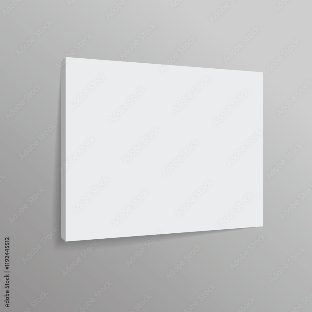 Empty wall canvas display mockup vector. 3D illustration. Blank photorealistic landscape brochure mockup on light grey background Empty wall canvas display mockup vector. 3D illustration. Blank photorealistic landscape brochure mockup on light grey background