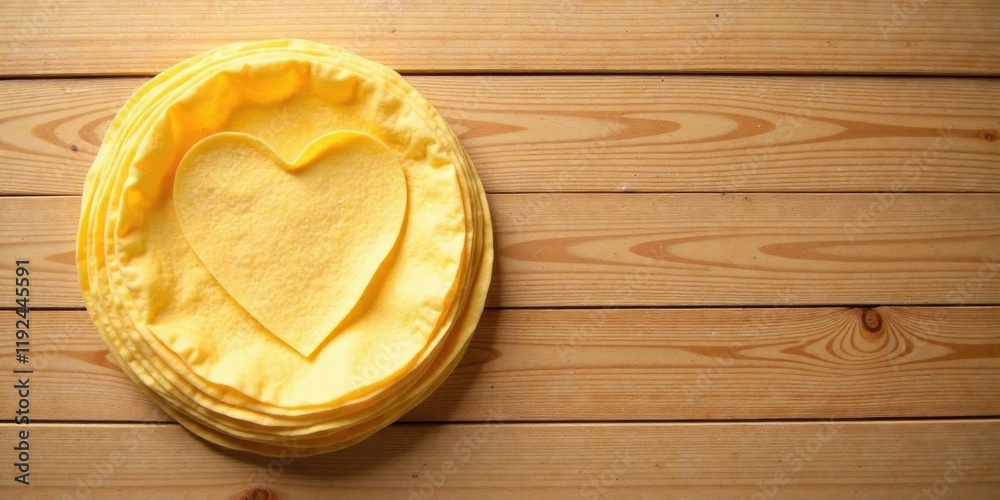 A stack of pale yellow flatbreads on a light wood surface, featuring a heart-shaped cutout, symbolizing warmth, affection, and culinary delight. A stack of pale yellow flatbreads on a light wood surface, featuring a heart-shaped cutout, symbolizing warmth, affection, and culinary delight.