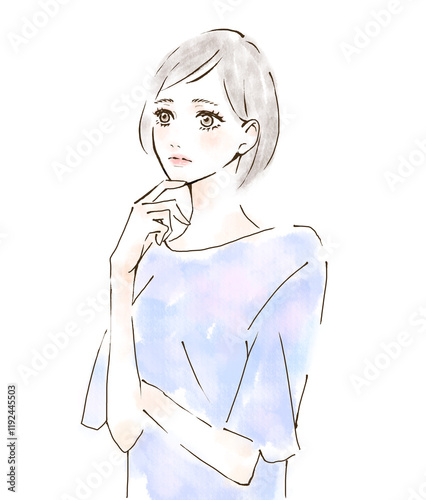 悩む表情のイラスト　水彩風　疑問　質問　考えるポーズ