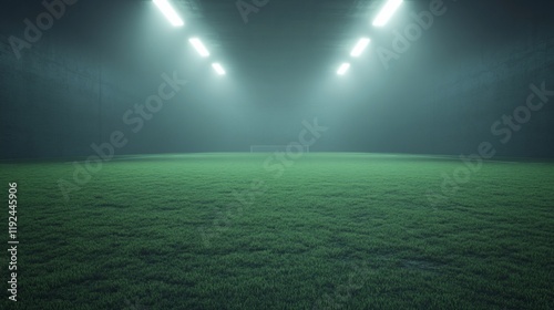 A dimly lit indoor soccer field with a grassy surface and a distant goal.