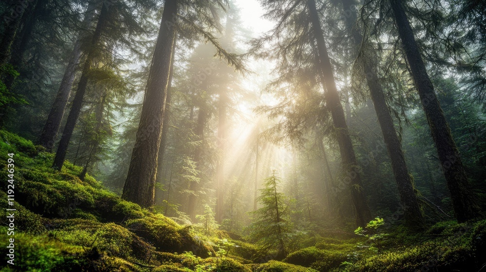 Obraz premium Moss-covered forest floor under a canopy of foggy trees.
