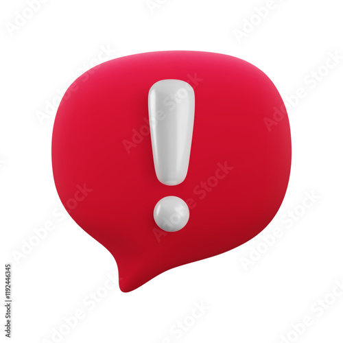 Vector cartoon 3d attention message icon. Cute realistic render of red speech bubble with white exclamation mark. Important message, danger warning sign, problem notice popup for mobile app, game, web