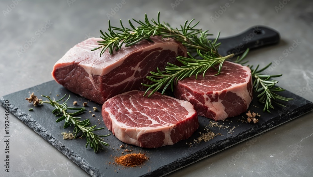 Fresh Raw Marbled Beef Cuts with Rosemary and Spices on Dark Slate Board for Culinary Presentation and Delicious Recipes Fresh Raw Marbled Beef Cuts with Rosemary and Spices on Dark Slate Board for Culinary Presentation and Delicious Recipes