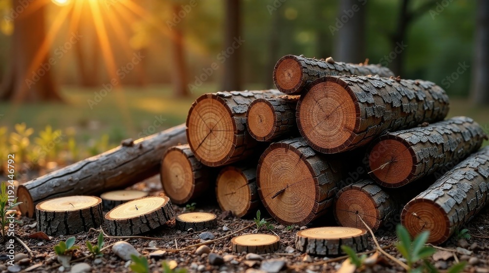 A stack of neatly arranged tree logs bathed in the warm glow of a setting sun, showcasing the natural beauty of wood grain and the serenity of a forest A stack of neatly arranged tree logs bathed in the warm glow of a setting sun, showcasing the natural beauty of wood grain and the serenity of a forest