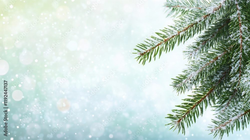 Snow-Dusted Evergreen Branch on Soft Bokeh Background. Snow-Dusted Evergreen Branch on Soft Bokeh Background.