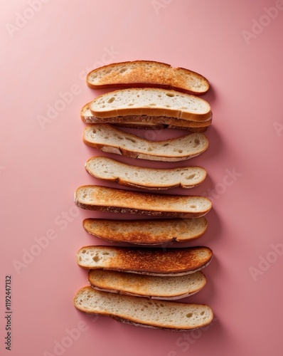 Different stages of toasted bread arranged on a pink background showcasing browning variations photo