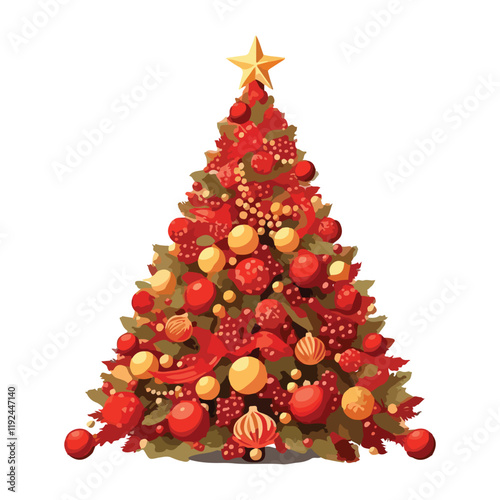 Big beautiful christmas tree decorated with beautiful shiny baubles and many different presents on wooden floor. White wall background with a lot of copy space for text. Close up.