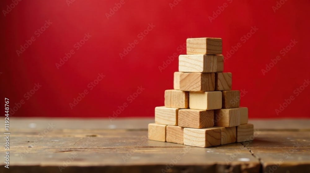 Wooden blocks arranged in a pyramid shape against a red backdrop on a rustic wooden surface, representing growth, stability, or construction. Wooden blocks arranged in a pyramid shape against a red backdrop on a rustic wooden surface, representing growth, stability, or construction.