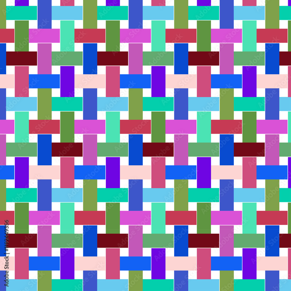 Colorful seamless geometric pattern with squares and shapes in blue, yellow, pink, and light tones Colorful seamless geometric pattern with squares and shapes in blue, yellow, pink, and light tones