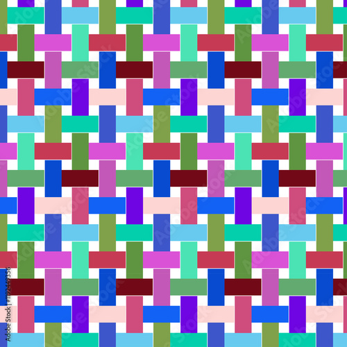 Colorful seamless geometric pattern with squares and shapes in blue, yellow, pink, and light tones