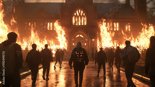 Wallpaper Mural Students walking towards burning school building with fiery decorations, creating dramatic scene Torontodigital.ca