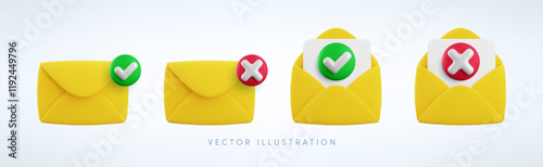 Vector cartoon 3d email checkmark icon set. 3d render approved and rejected open and closed yellow envelope, yes or no document notification, checked message, electronic mail delivery symbol for app.