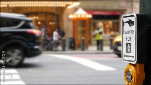 New York City Grand Central Terminal railway station, 42 street. Manhattan Midtown. Yellow taxi cab, car transport in NYC, USA. American urban road traffic, people pedestrians. Zebra crosswalk button.