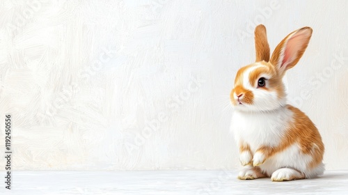 A cute rabbit with orange and white fur sits quietly, showcasing its fluffy coat against a neutral background.