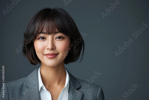 In business casual attire, an Asian woman exudes confidence and professionalism, her modern style fitting for work or formal occasions. photo