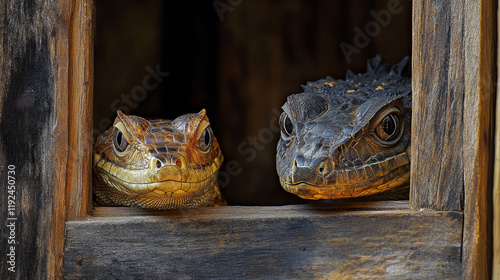 Mabuya reptile looking outside, Reptile inside of wooden, golden reptile photo