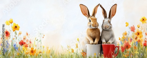 Two adorable rabbits sit in colorful cups surrounded by vibrant flowers, creating a cheerful spring scene.