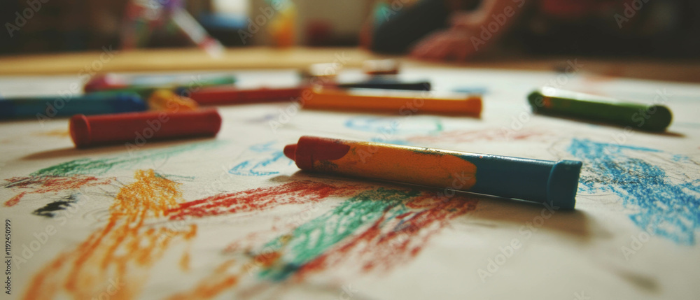 Childhood creativity expressed through colorful crayon drawings on paper Childhood creativity expressed through colorful crayon drawings on paper
