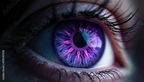 Purple Iris Gaze: A mesmerizing close-up of a human eye, its purple iris shimmering with intricate detail, captivates the viewer with its captivating beauty and mysterious allure.  