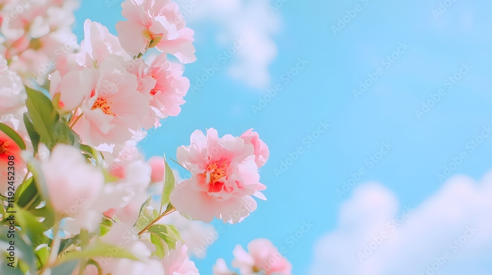 Fototapeta premium Pastel pink roses and blue sky, Generative AI