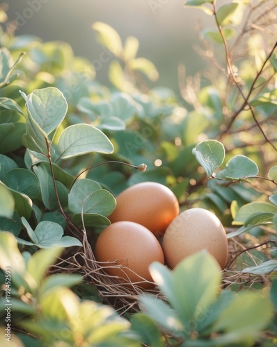 Fresh Eggs Nestled in Greenery Under Soft Sunlight During Early Morning Hours photo