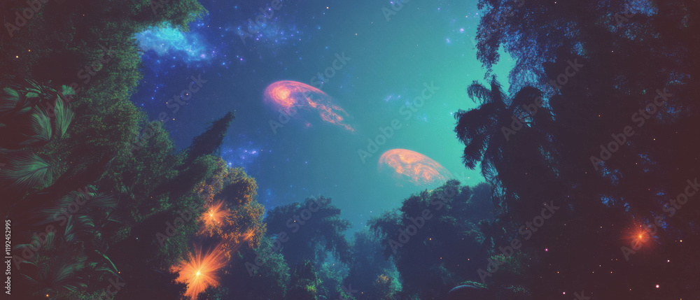 Fototapeta premium Fusion of nature and technology creates a vivid psychedelic landscape with cosmic elements