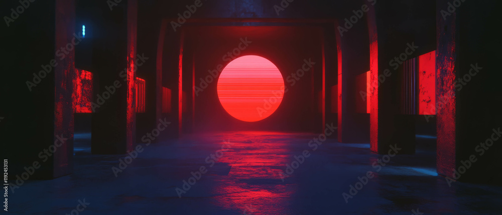 Naklejka premium Futuristic landscape featuring a vibrant red sun in a sci-fi corridor setting