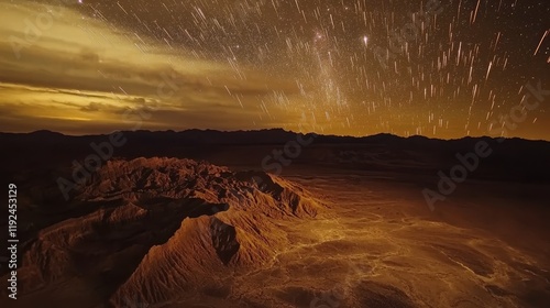 Majestic Desert Night Sky with Golden Meteor Shower and Rugged Terrain photo