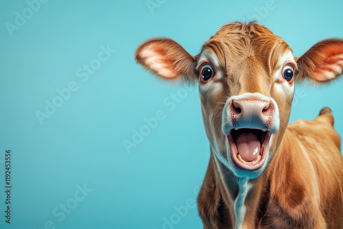 Close-up shot of a cow's face with its mouth open, ideal for farm or animal-related themes photo