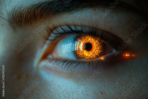 Close-up shot of an eye with a glowing iris, suitable for mystical or supernatural themes