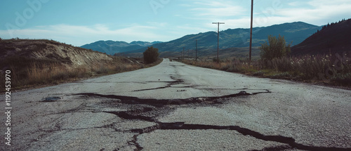 Cracked asphalt and deserted roads reveal signs of hasty evacuation in rural landscape