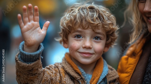 A young child excitedly waving his hand in the air, suitable for use in images related to childhood, joy, and enthusiasm photo