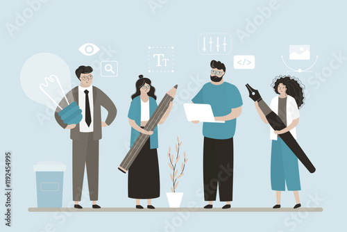 Project development engineer team, developers. Code development, group of programmers and designers. Developers team with tools.