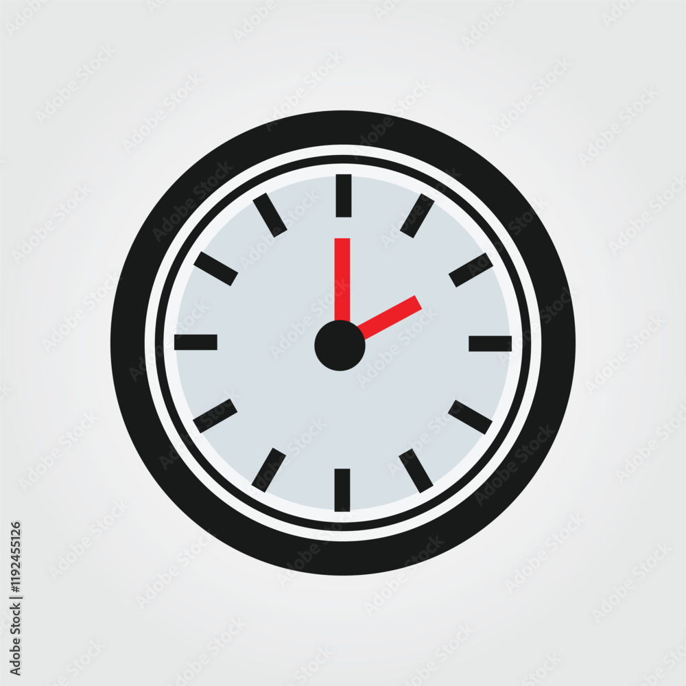 A round clock with a light gray face, black hour markers, and a black outer ring. The hour and minute hands are red, and the center point is a black circle. Simple, flat design against a light gray ba A round clock with a light gray face, black hour markers, and a black outer ring. The hour and minute hands are red, and the center point is a black circle. Simple, flat design against a light gray ba