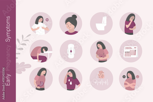 Early pregnancy symptoms. Signs pregnant woman sickness infographic pain spot, problems sick health, diarrhea, bleeding period vomiting. Pregnant woman with mood swings.