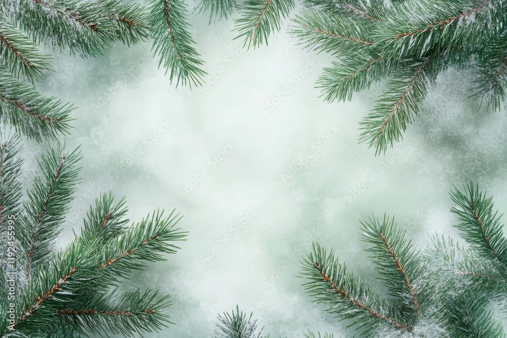 Snowy Pine Branches Border on a Faded Winter Background, Abstract Christmas Decoration.